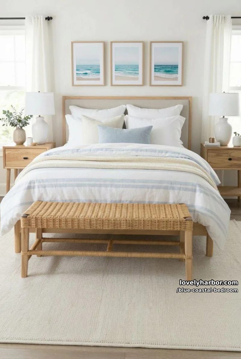 light wood bed with striped bedding, rattan bench, and coastal wall art. 1