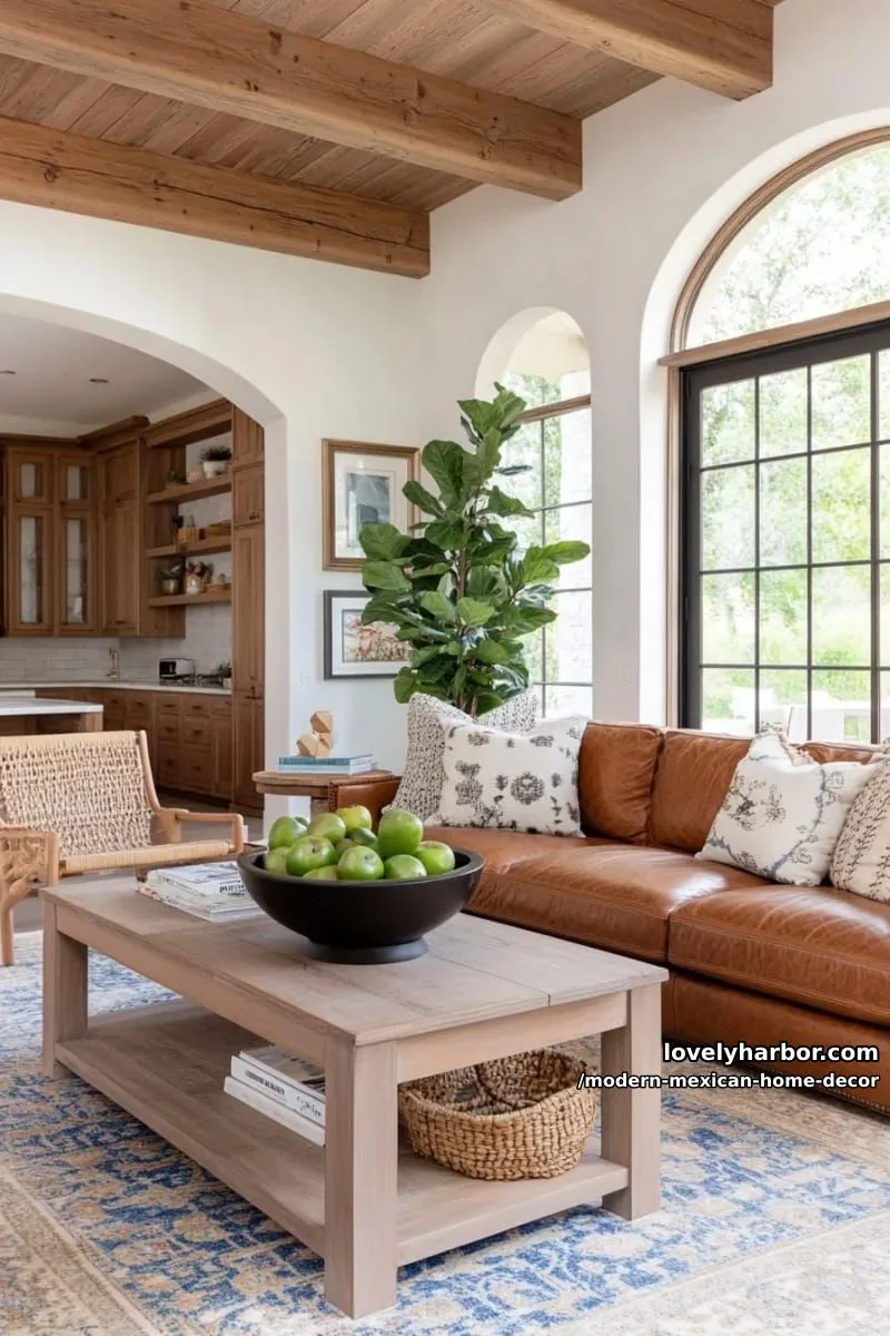 18 Modern Mexican Decor for a Stylish Home 8 living room with beamed ceiling, leather sofa, large window, and kitchen view. 1