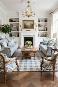 20 Dreamy Coastal Traditional Living Room Designs to Inspire 1 living room with built-in bookshelves, white fireplace, and blue patterned rug. 13