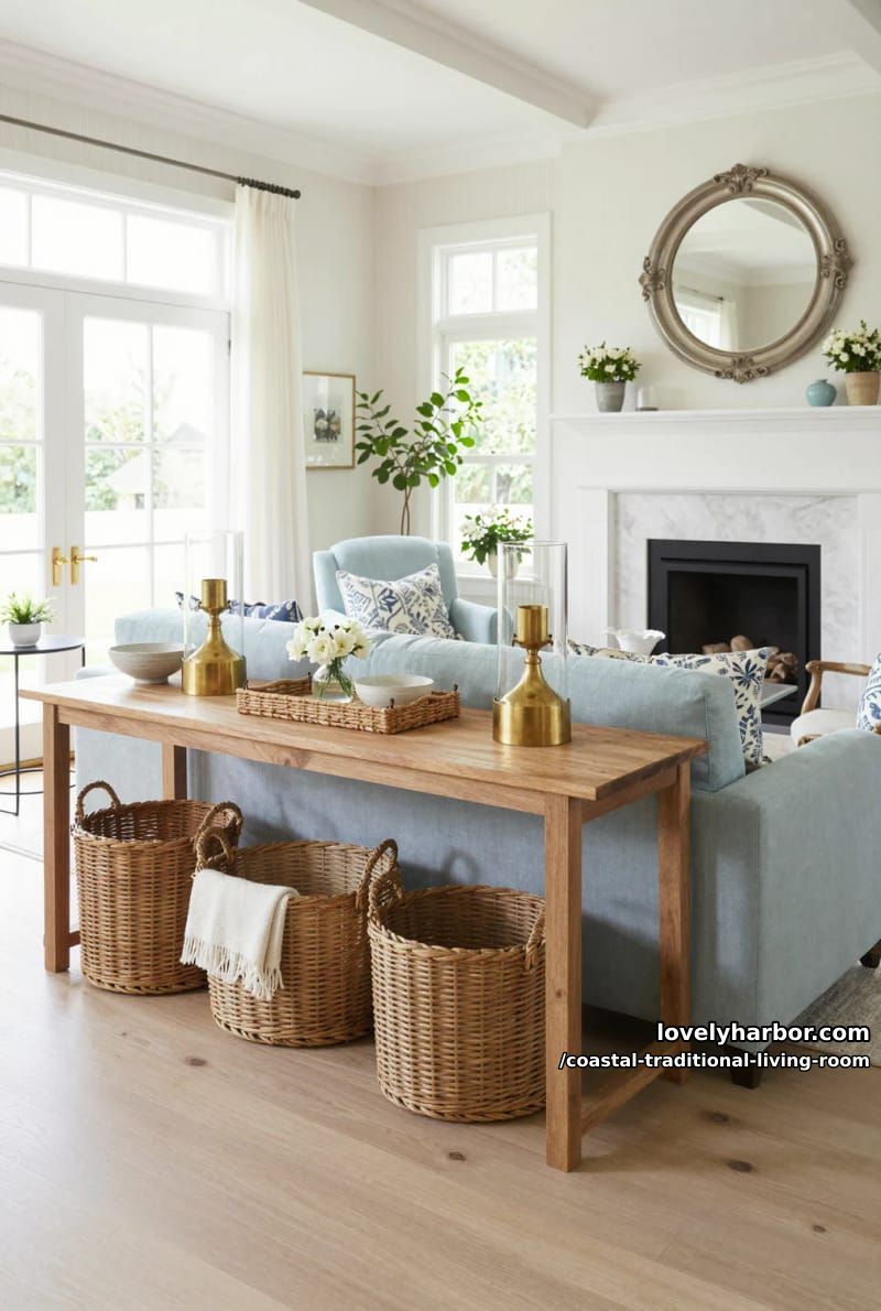 20 Dreamy Coastal Traditional Living Room Designs to Inspire 8 living room with coffered ceiling, marble fireplace, and brass accents. 1