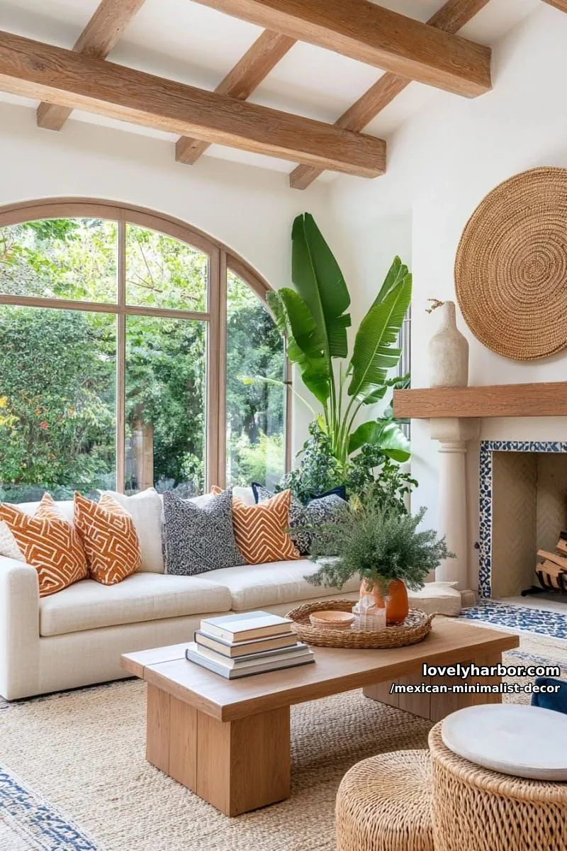 living room with high ceilings, garden views, rattan accents, and tiled fireplace. 1