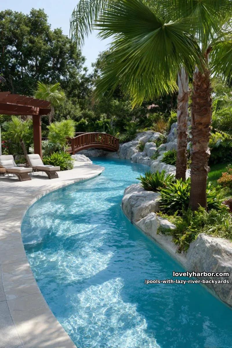 19 Pools with Lazy Rivers for Stunning Backyards 13 long lazy river pool with palm trees, wooden bridge, and shaded areas. 1