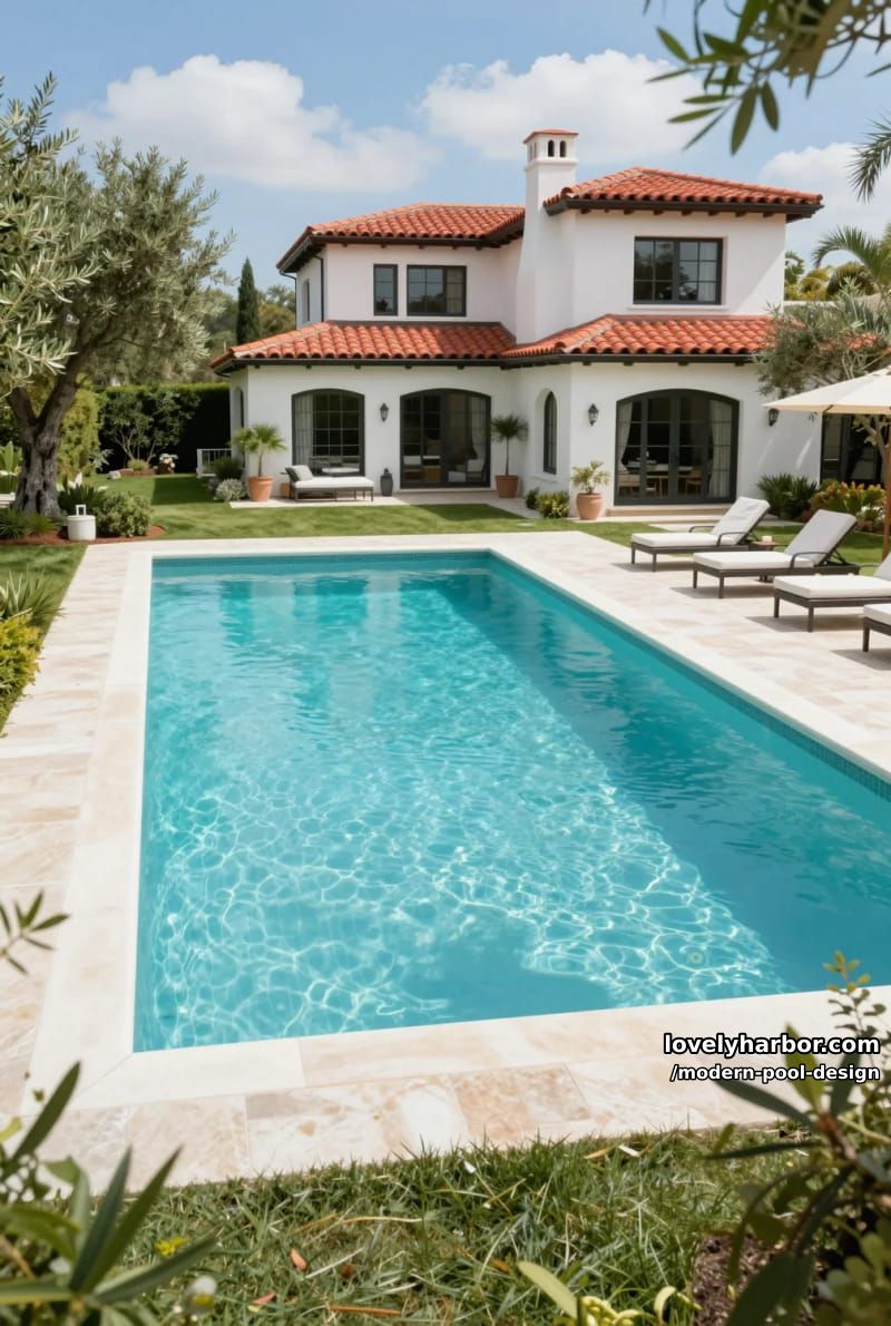 long pool with white decking, mediterranean house, olive trees, and shaded lounge. 1