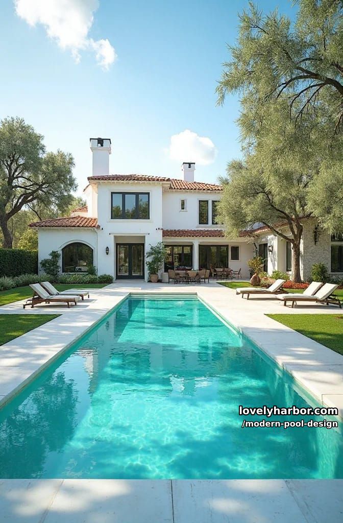 long pool with white decking, mediterranean house, olive trees, and shaded lounge. 1