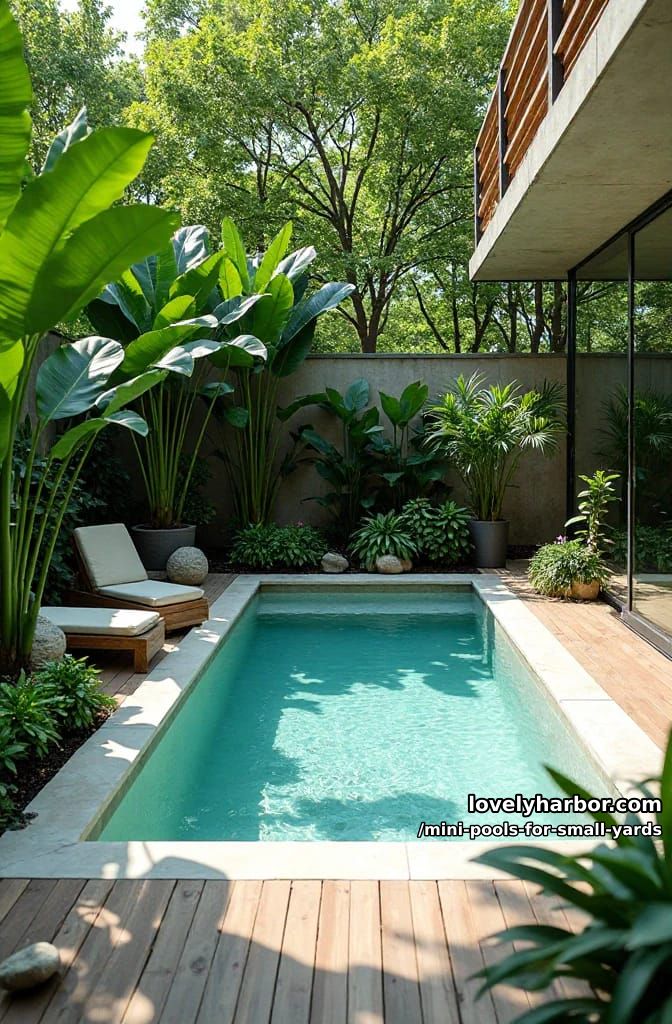 lush backyard mini pool with natural wood decking 1