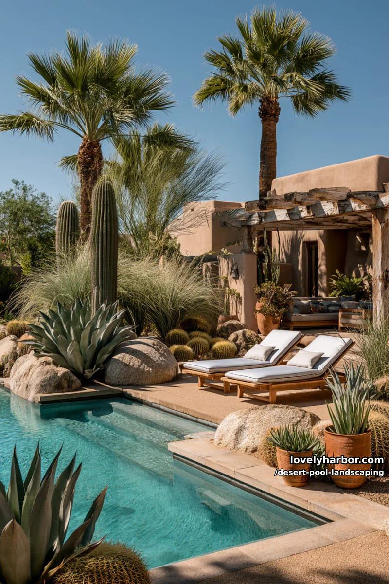 luxurious backyard oasis with turquoise pool, stone border, and desert landscaping. 1