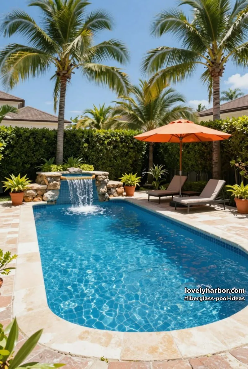 20 Fiberglass Pool Ideas for a Cozy Outdoor Retreat 14 luxurious backyard with blue fiberglass pool, raised spa waterfall, palms, and tropical vibe. 1