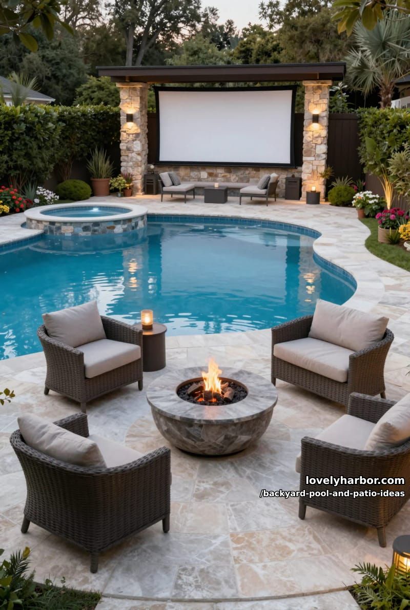 luxurious backyard with curved pool, integrated hot tub, fire pit, and movie screen. 1