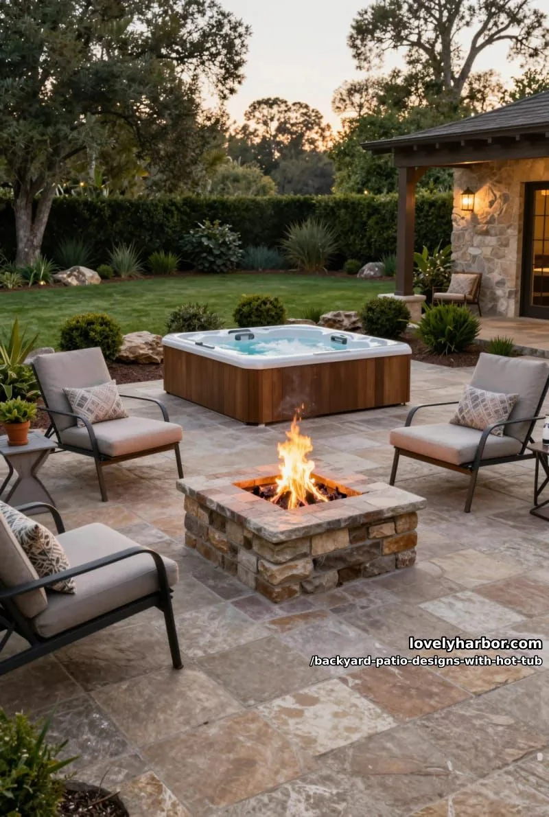20 Dreamy Backyard Patios with Hot Tubs to Inspire 1 luxurious patio with stone pavers, hot tub, fire pit, and pergola. 1