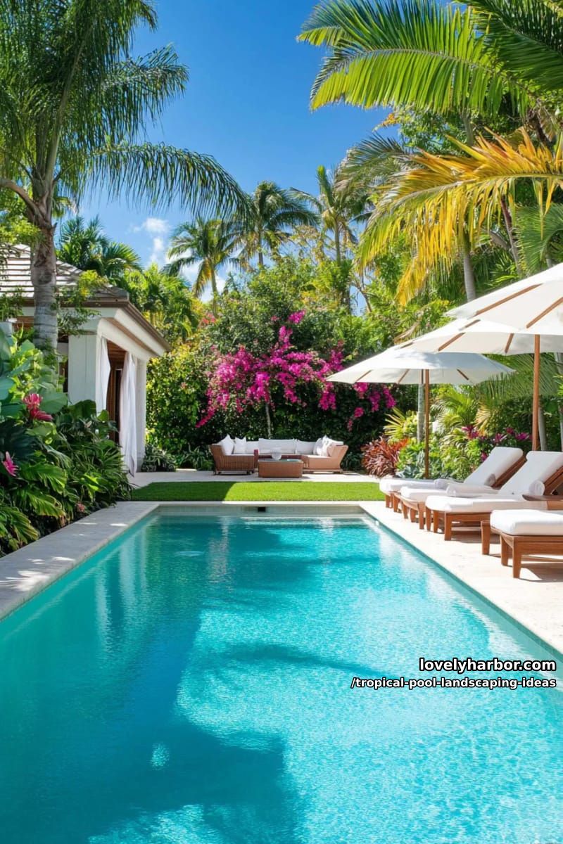 luxurious pool with palm trees, flowering bushes, modern lounge chairs, white umbrellas. 1