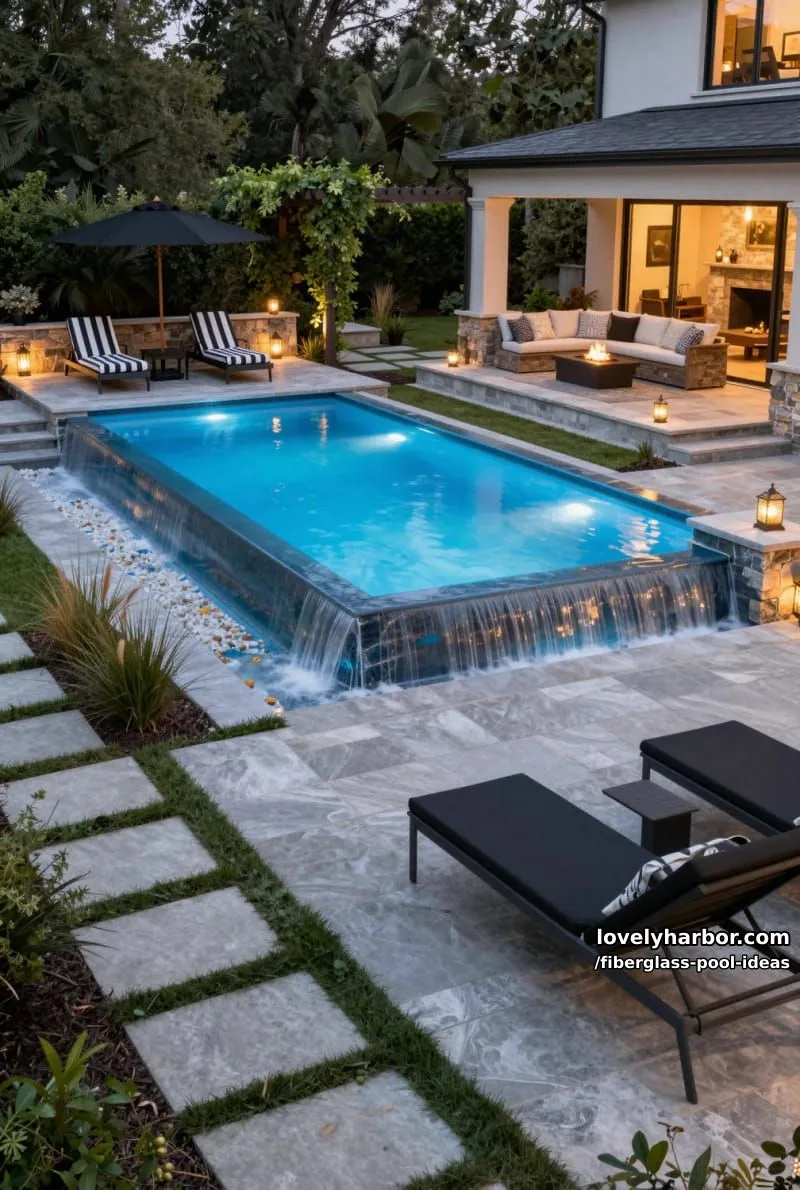 20 Fiberglass Pool Ideas for a Cozy Outdoor Retreat 20 luxurious rectangular infinity pool with waterfall edge, ambient lighting, and outdoor living space. 1