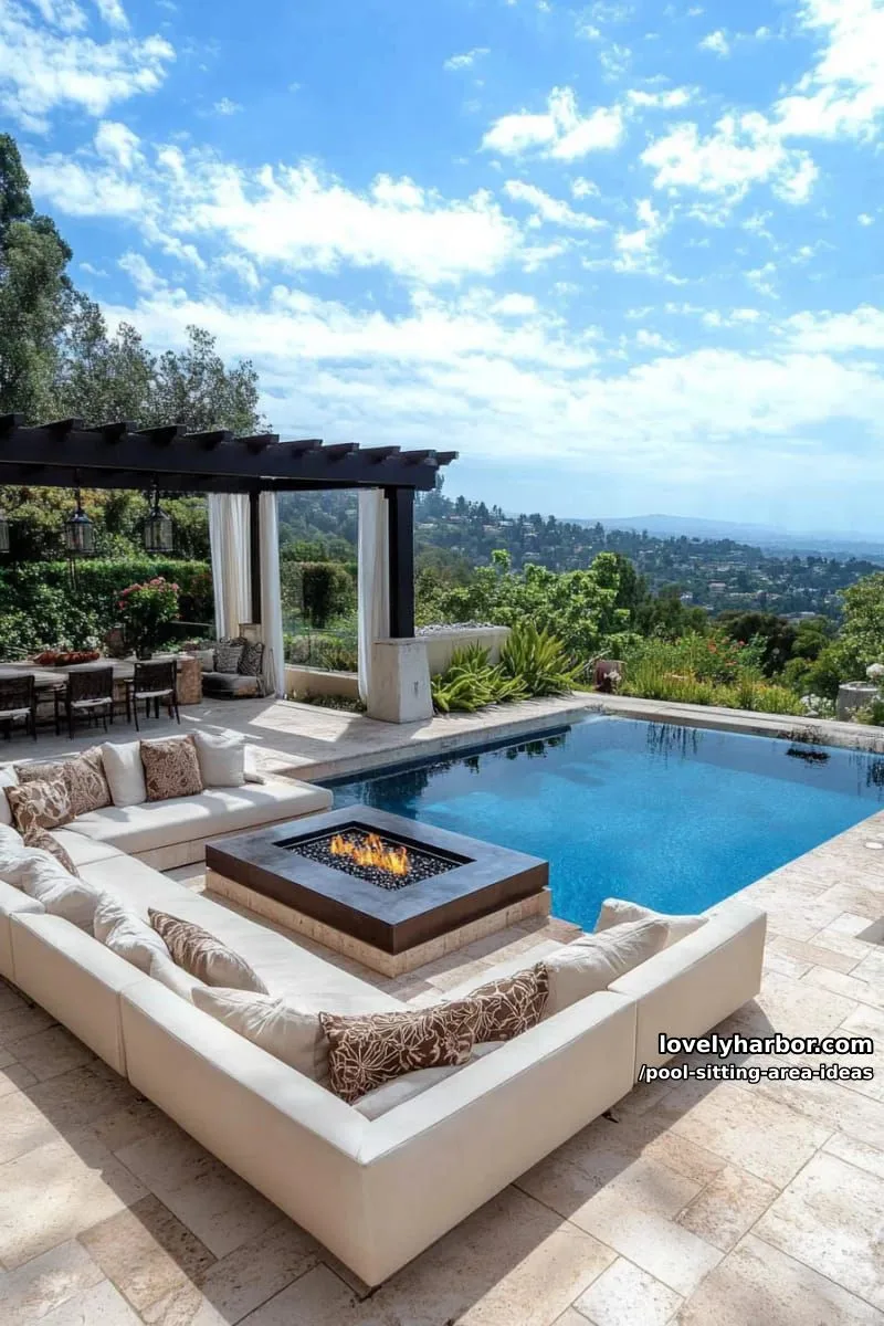 luxurious sunken lounge, fire pit, pool, and pergola on modern patio. 1