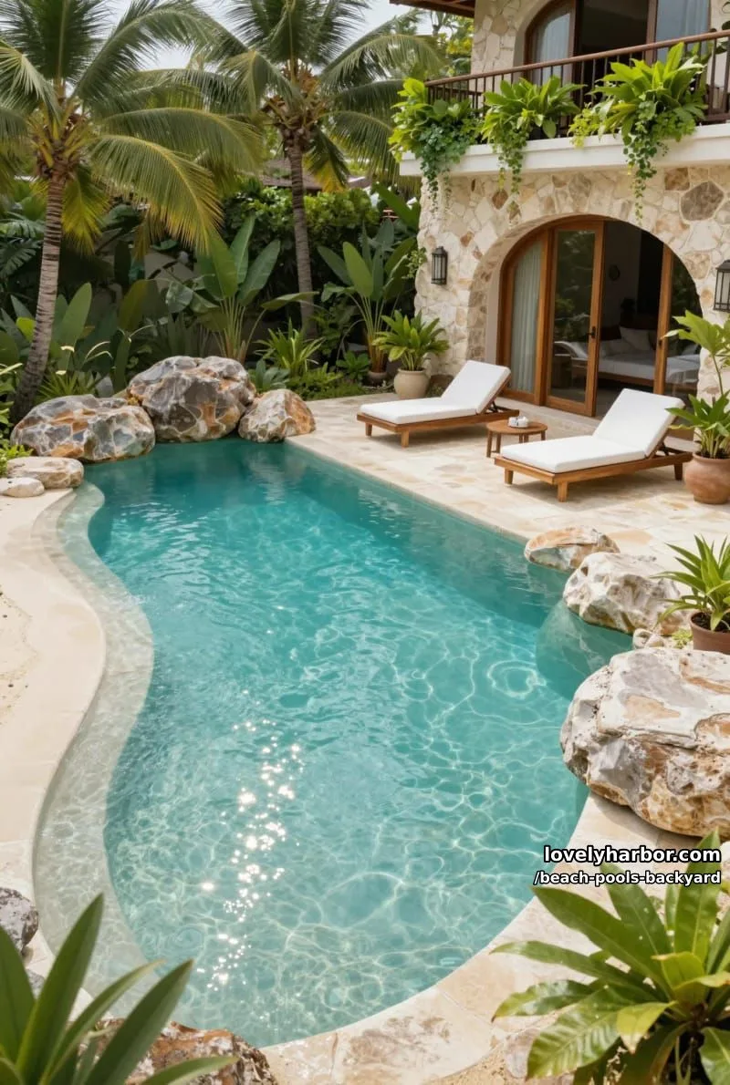 luxurious villa pool with sandy edge, palm trees, and stone villa backdrop. 1