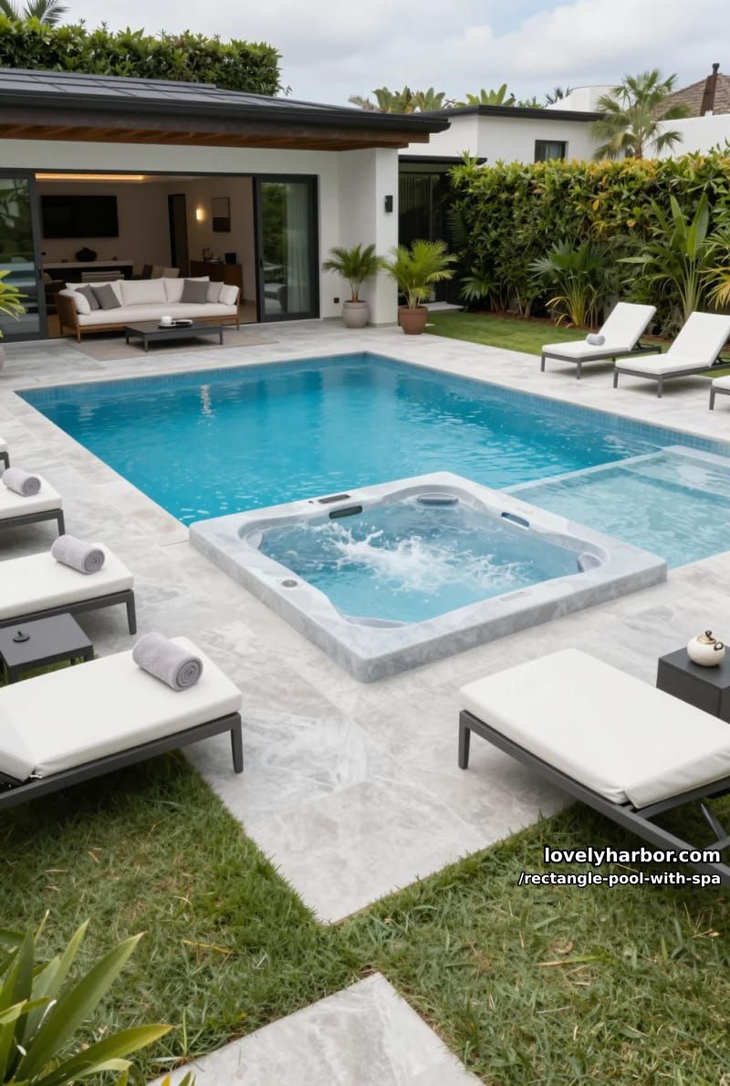 luxury home with central pool, hot tub, sunbeds, and covered patio. 1