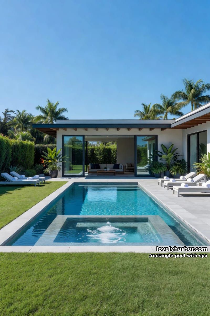 luxury home with central pool, hot tub, sunbeds, and covered patio. 1