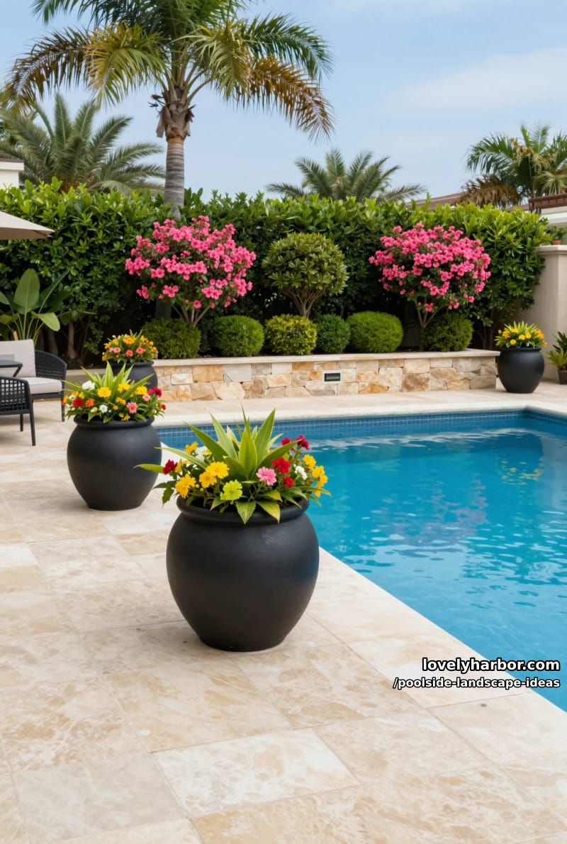 luxury pool with black planters, pink shrubs, palm trees, and outdoor seating. 1