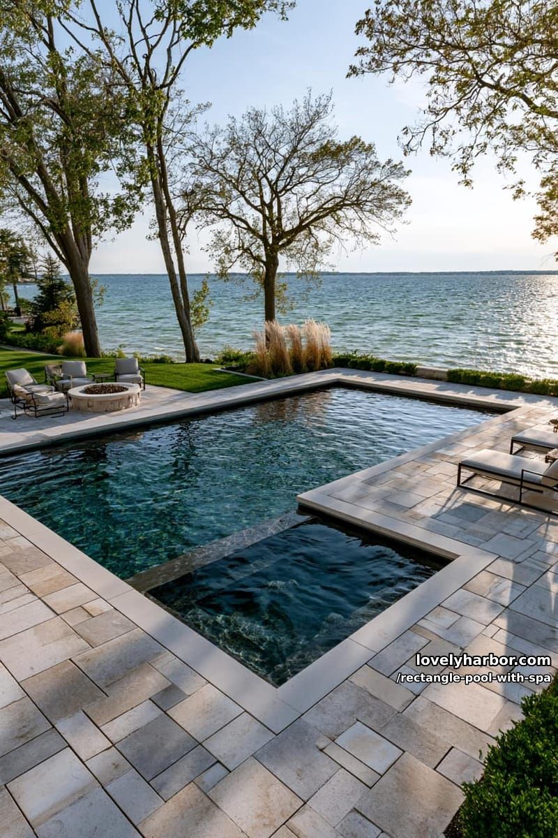 luxury pool with built-in hot tub, stone patio, fire pit, and lake view. 1