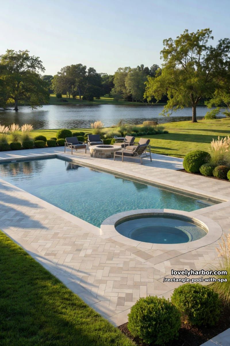 luxury pool with built-in hot tub, stone patio, fire pit, and lake view. 1