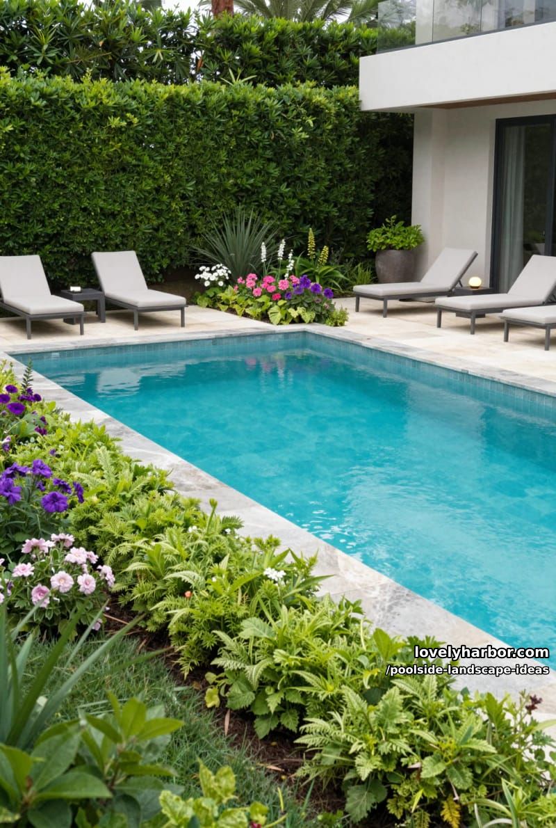 luxury pool with ground cover plants, flowering perennials, and manicured hedges. 1