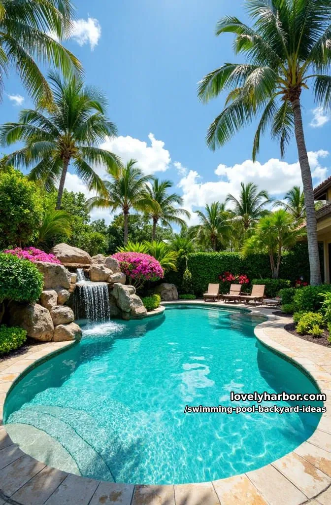 luxury pool with natural stone waterfall and tropical paradise landscaping 1