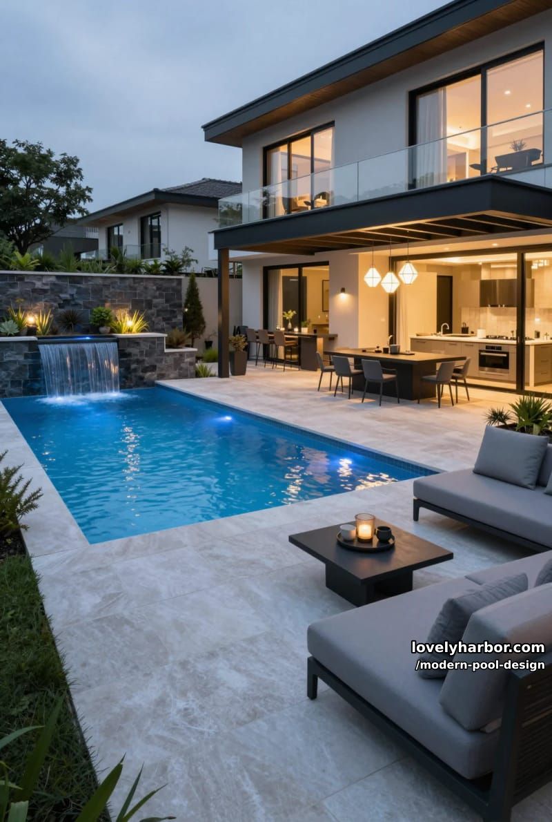 luxury pool with waterfall, led lights, covered kitchen, and plush lounge. 1