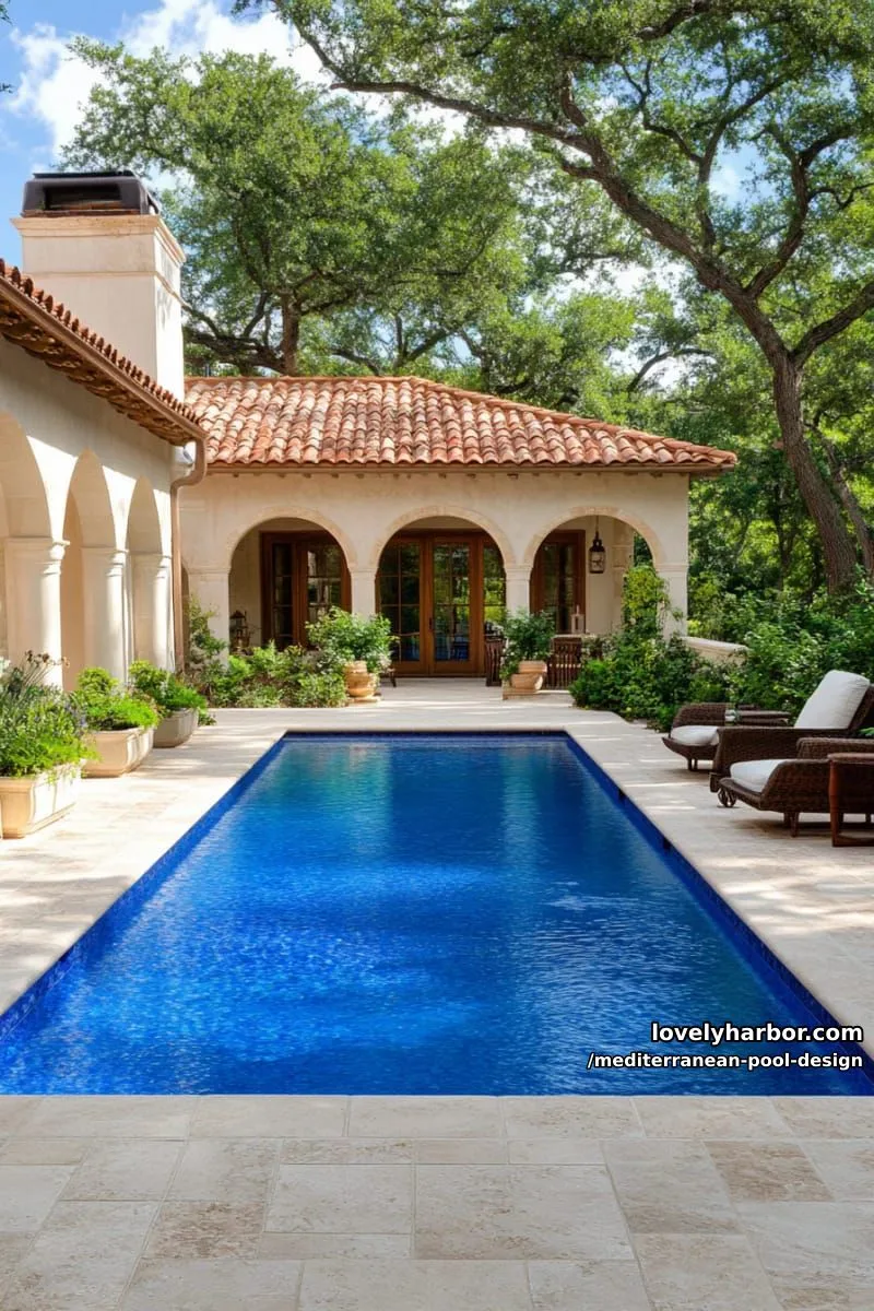 mediterranean backyard with deep blue pool and stucco house with arches. 1
