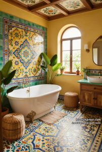 mediterranean bathroom with colorful tile mural, freestanding tub, and green accents. 26