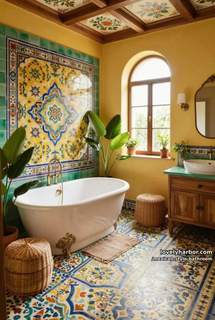 mediterranean bathroom with colorful tile mural, freestanding tub, and green accents. 26