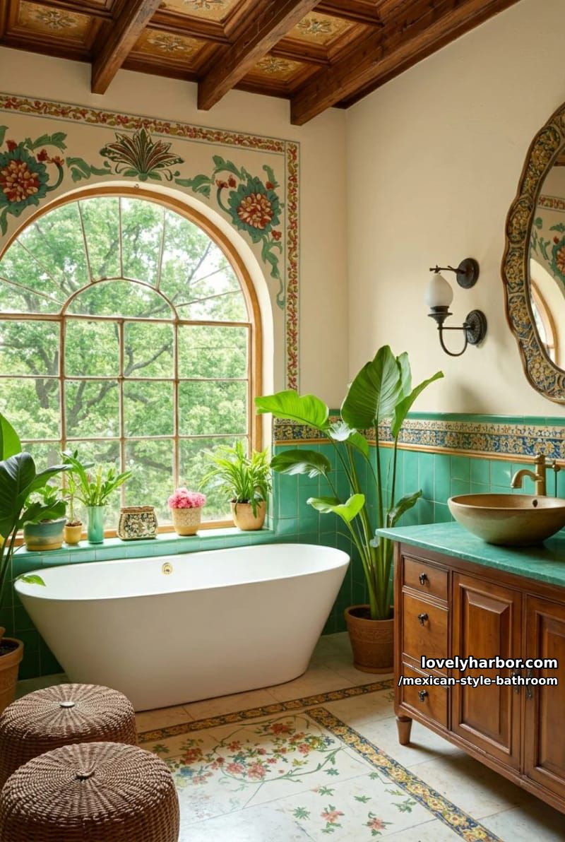 24 Mexican Style Bathrooms with Artistic Beauty 28 mediterranean bathroom with colorful tile mural, freestanding tub, and green accents. 1