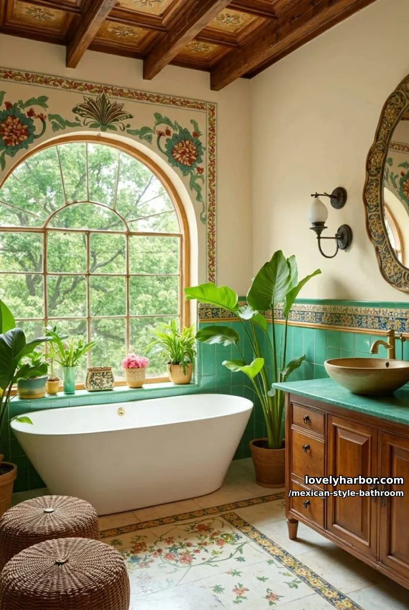 mediterranean bathroom with colorful tile mural, freestanding tub, and green accents. 1