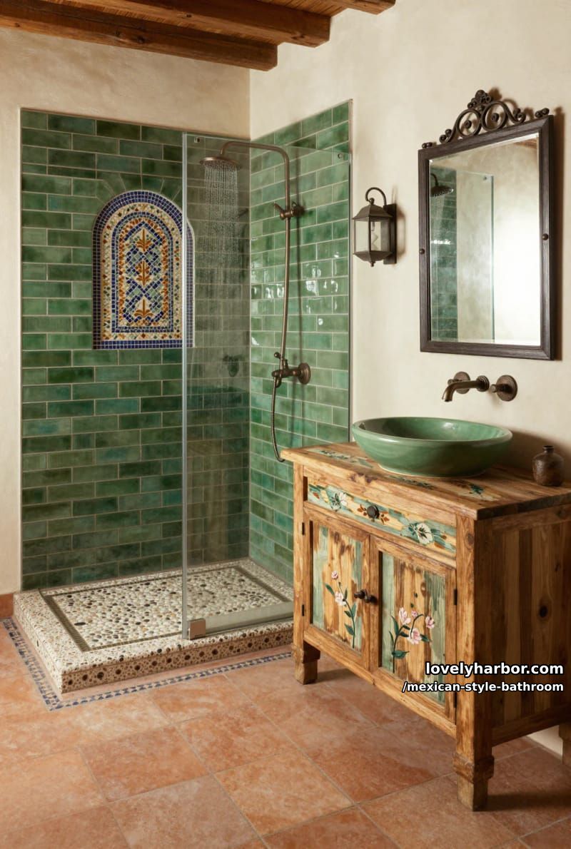 24 Mexican Style Bathrooms with Artistic Beauty 7 mediterranean bathroom with green subway shower tiles and weathered wood vanity. 1