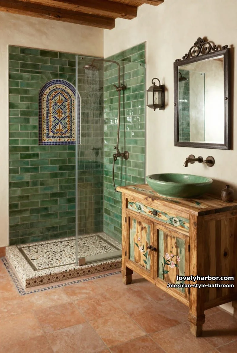 mediterranean bathroom with green subway shower tiles and weathered wood vanity. 1