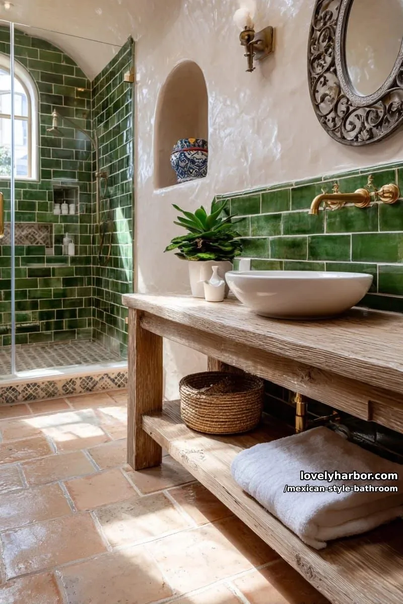 mediterranean bathroom with green subway shower tiles and weathered wood vanity. 1