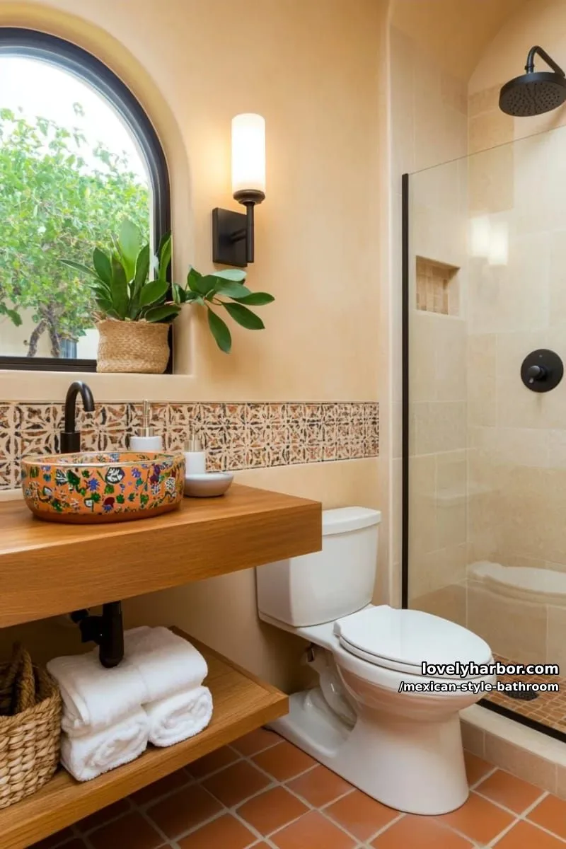 mediterranean bathroom with terracotta walls, patterned tiles, and arched window. 1