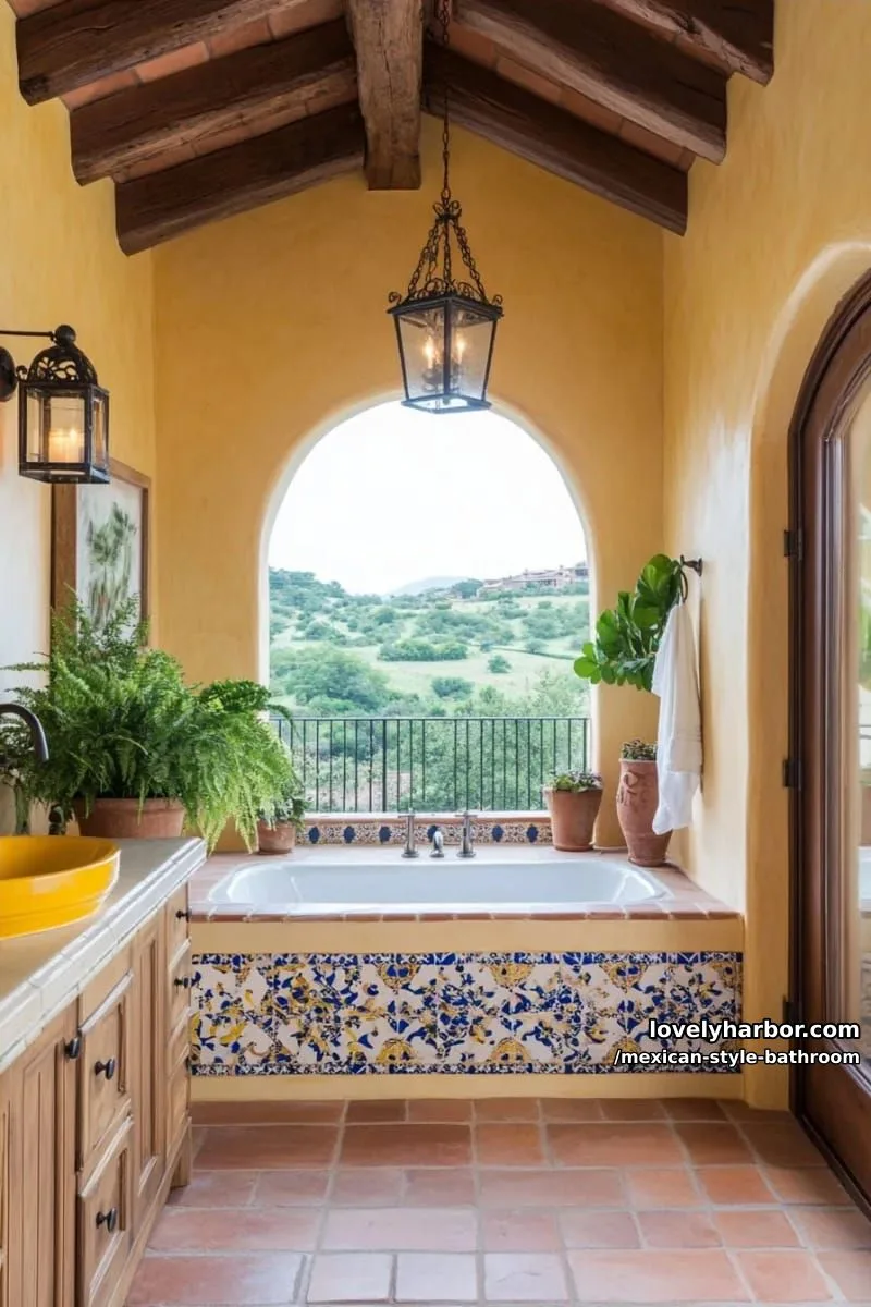 mediterranean bathroom with yellow plaster walls, mosaic tub, and coastal view. 1
