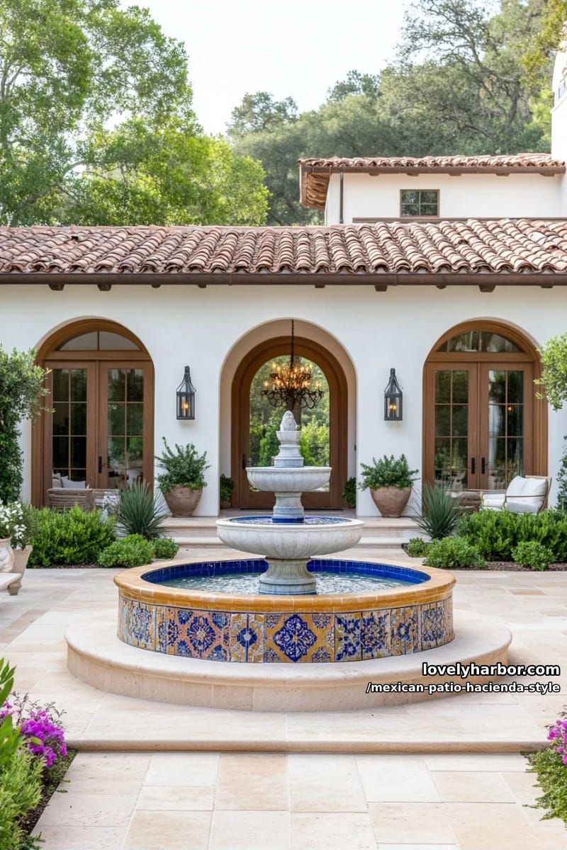 mediterranean courtyard with multi-tiered fountain, blue tilework, arched walls, and draped seating. 1