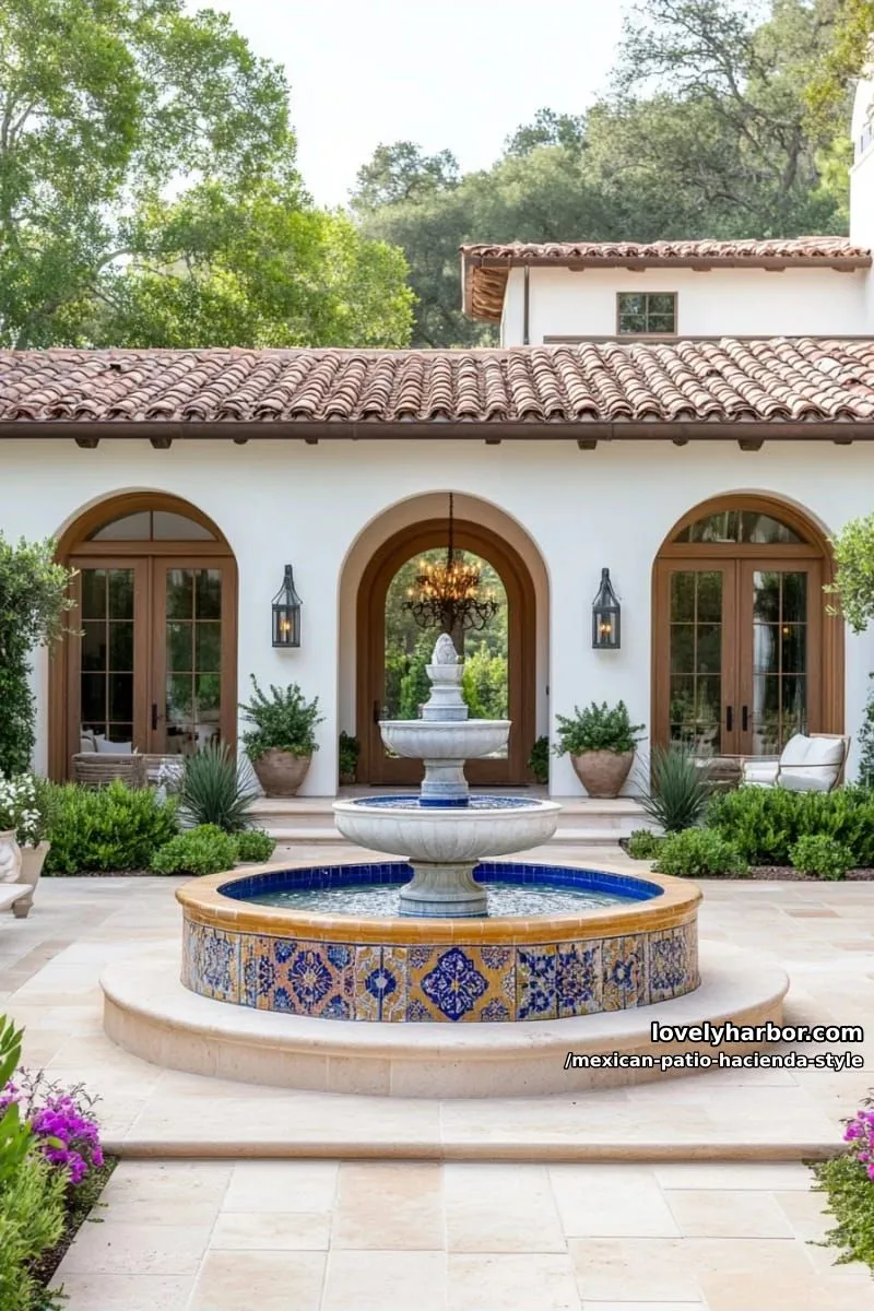 22 Mexican Hacienda-Style Patios That Look Stunning 21 mediterranean courtyard with multi-tiered fountain, blue tilework, arched walls, and draped seating. 1