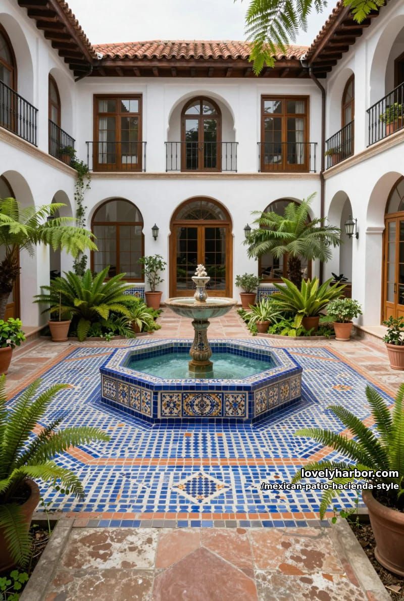 mediterranean courtyard with octagonal tile fountain, mosaic flooring, balconies, and greenery. 1