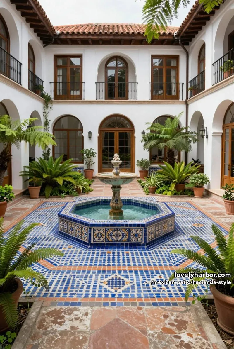 22 Mexican Hacienda-Style Patios That Look Stunning 13 mediterranean courtyard with octagonal tile fountain, mosaic flooring, balconies, and greenery. 1