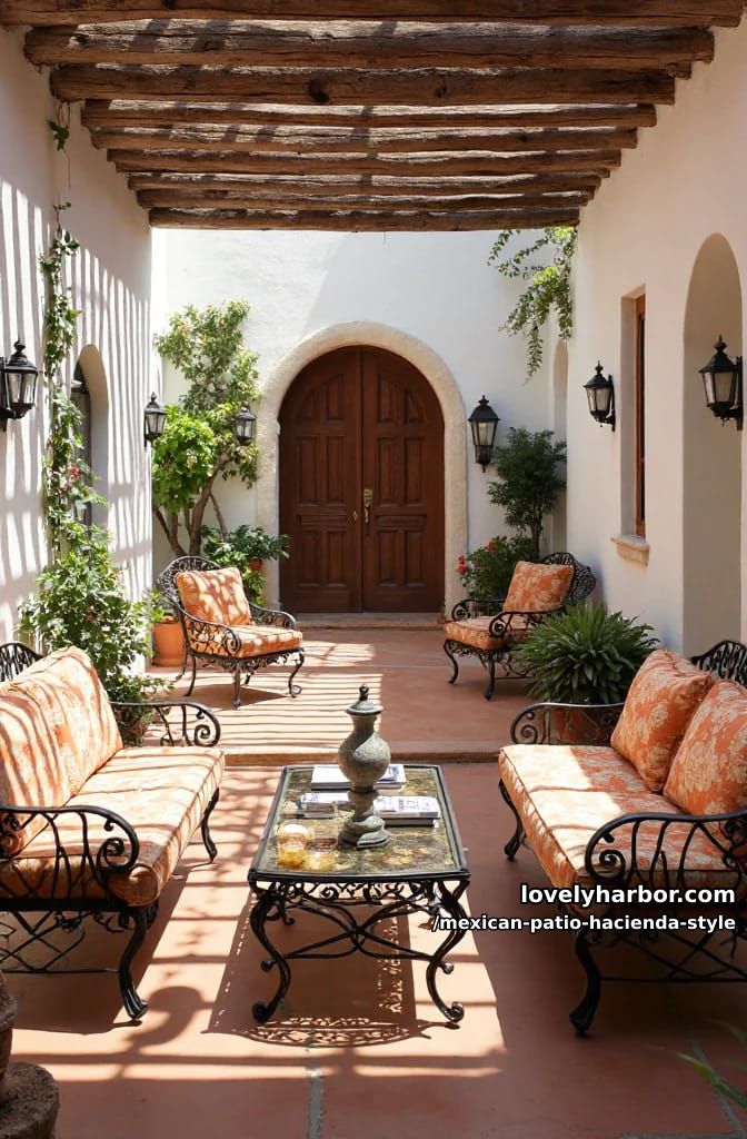 mediterranean courtyard with pergola, wrought iron seating, fountain, and lush potted plants. 1