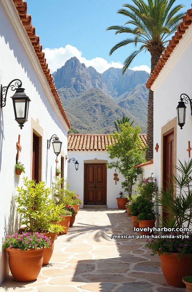 mediterranean courtyard with stone pathway, potted flowers, lanterns, and mountain view. 1