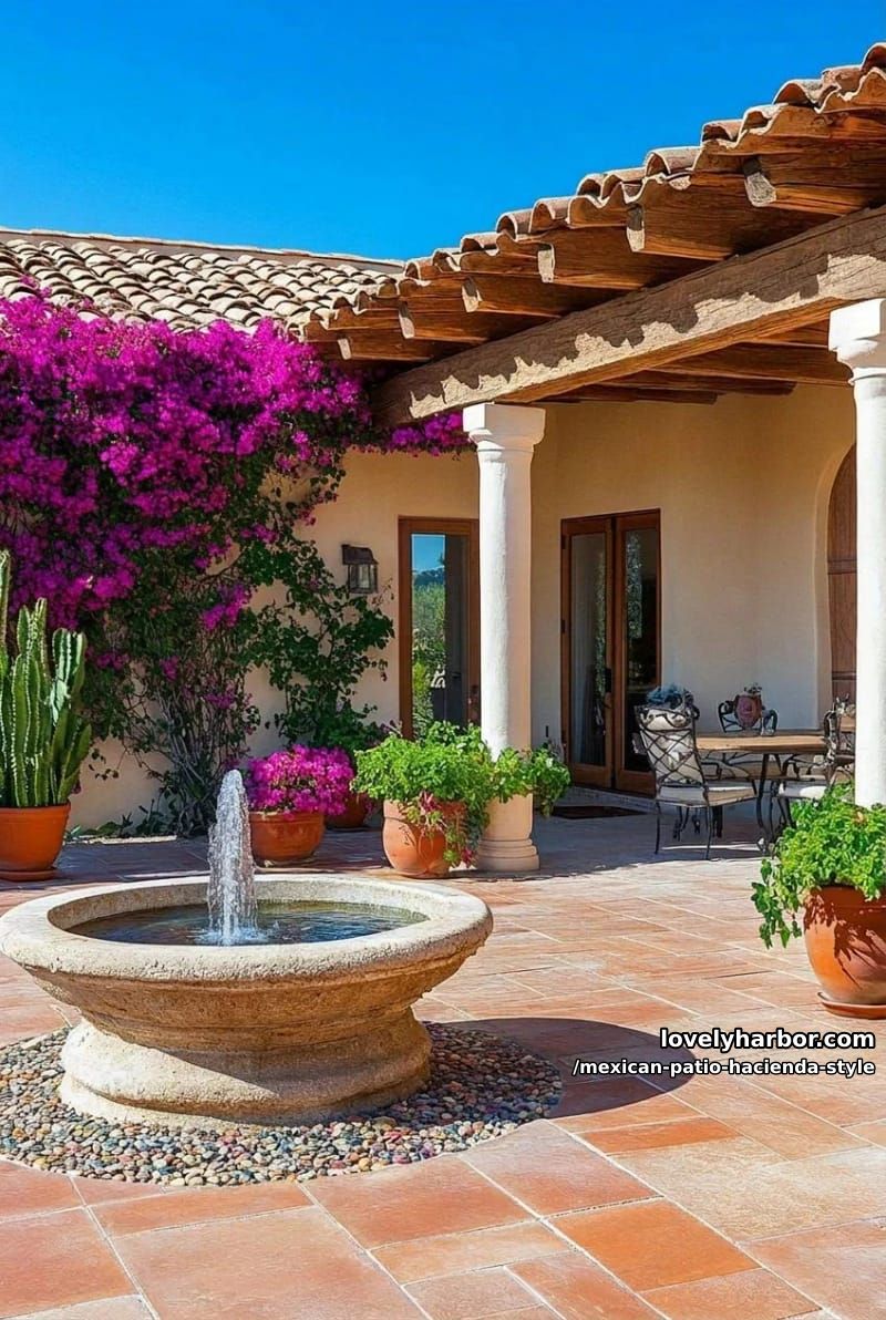 mediterranean courtyard with terracotta tiles, stone fountain, pergola, and potted bougainvillea. 1