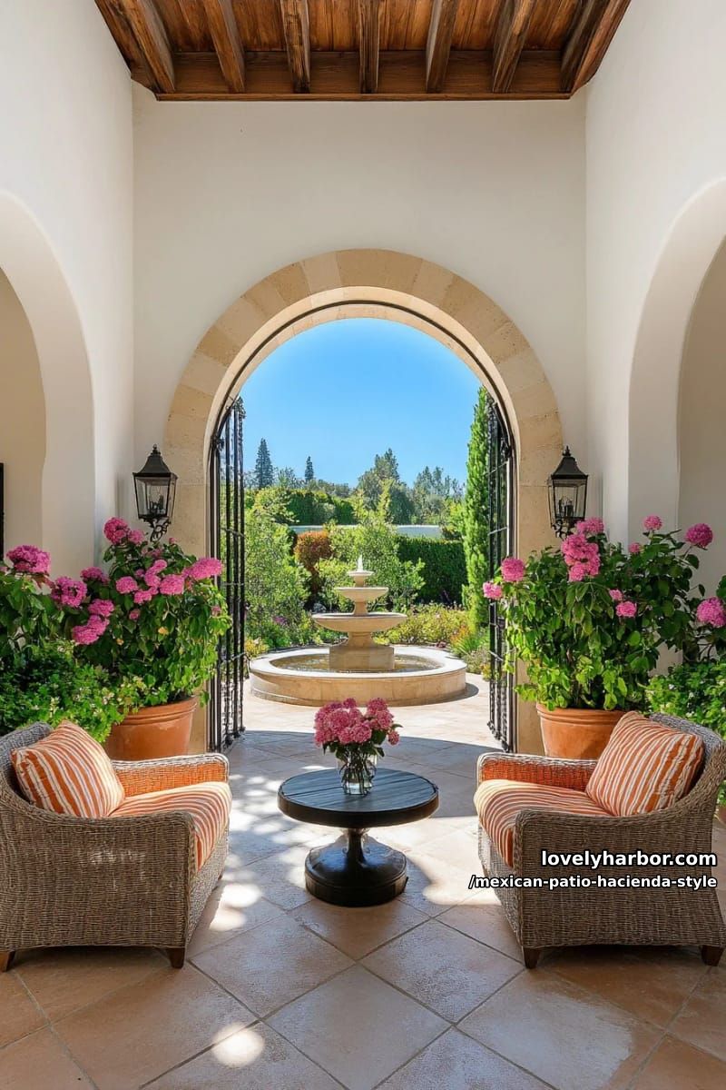 mediterranean courtyard with three-tiered fountain, wicker chairs, pergola, and lanterns. 8