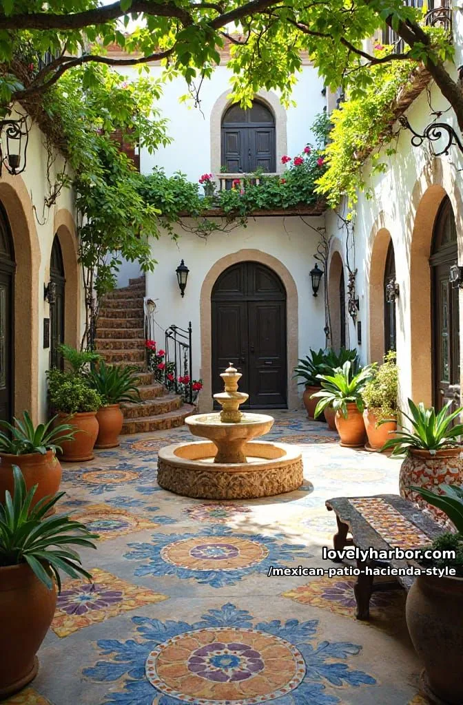 22 Mexican Hacienda-Style Patios That Look Stunning 19 mediterranean courtyard with tiled stairs, mosaic floor, arched doorways, and colorful pots. 1