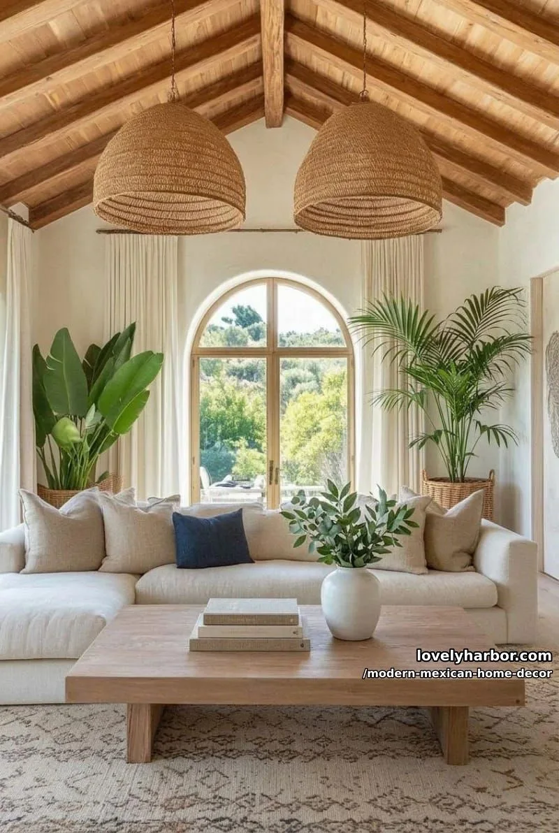 18 Modern Mexican Decor for a Stylish Home 12 mediterranean-inspired living room with beamed ceiling, rattan lights, and plants. 1