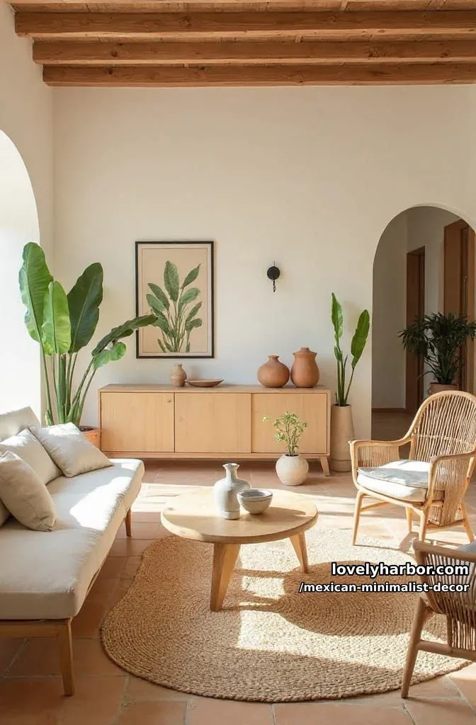 mediterranean-inspired living room with white plaster walls and rattan furniture. 1