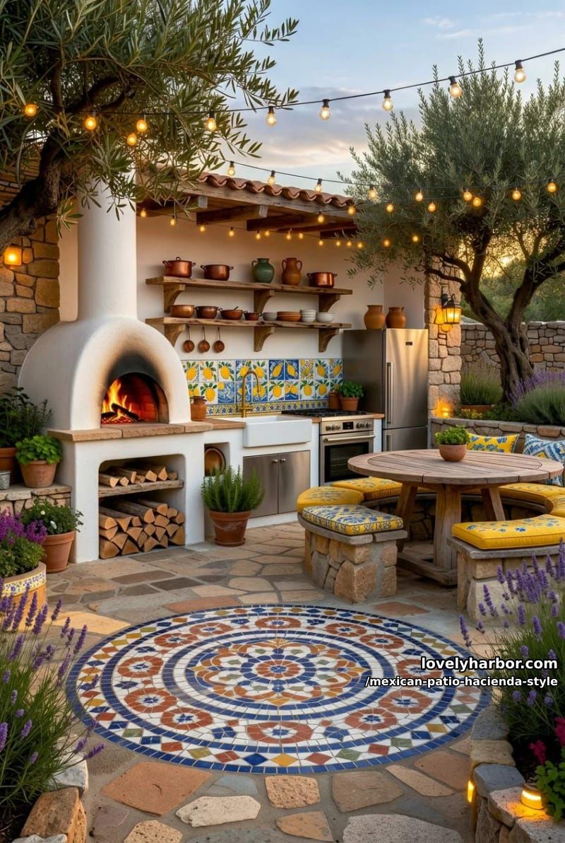 mediterranean kitchen and patio with circular mosaic, wood-fired oven, string lights, and olive tree. 1