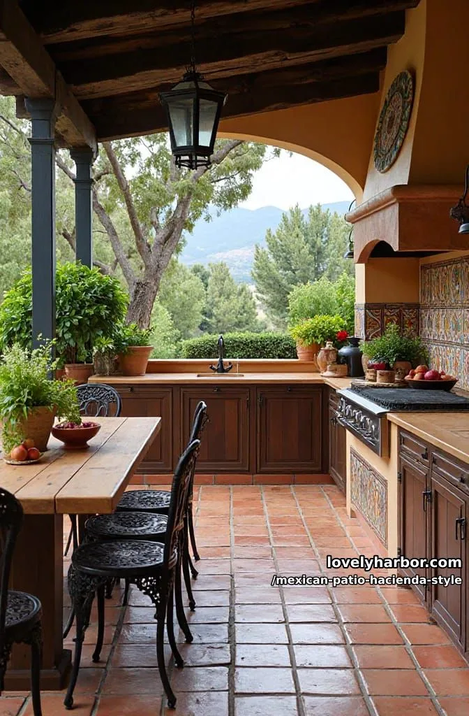 22 Mexican Hacienda-Style Patios That Look Stunning 17 mediterranean kitchen with tiled oven hood, wooden cabinets, potted herbs, and pergola. 1