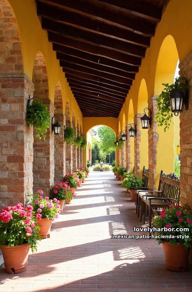mediterranean or spanish outdoor corridor with stone columns, brick arches, and potted flowers. 1