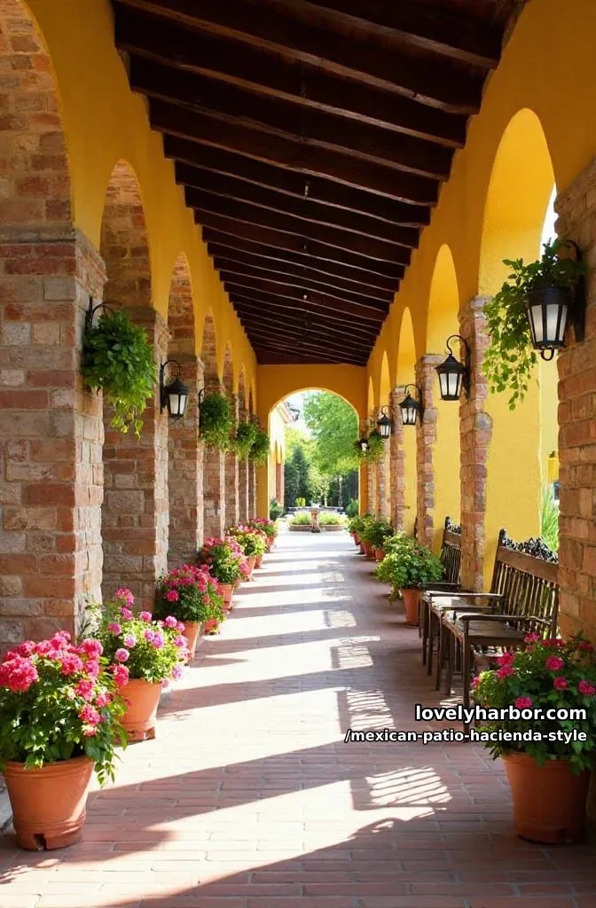22 Mexican Hacienda-Style Patios That Look Stunning 7 mediterranean or spanish outdoor corridor with stone columns, brick arches, and potted flowers. 1